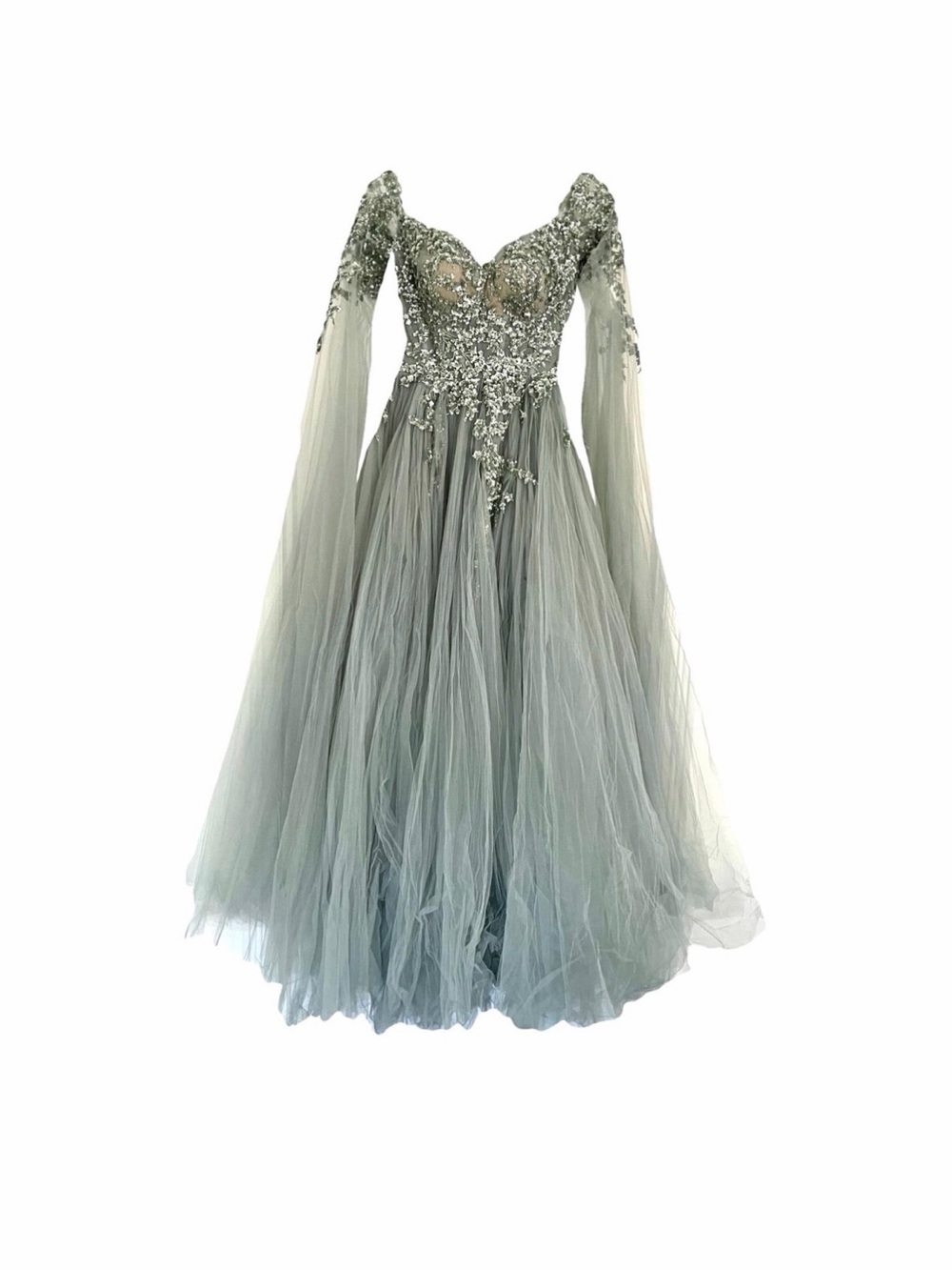 Elegant Tarik Ediz Sage Green Beaded Lace Tulle Evening Gown